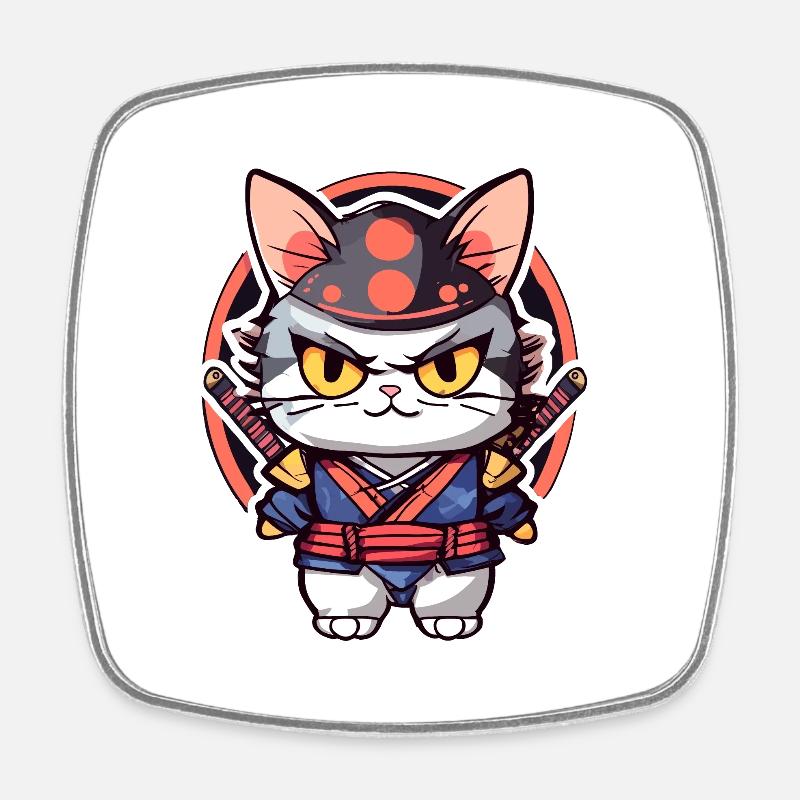 Samurai Cat #3 - Square fridge magnet - white