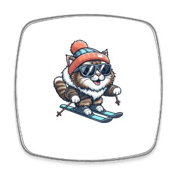 Maine Coon Katze beim Skifahren - Winterwunder - Viereckiger Kühlschrankmagnet - Weiß - Vorne