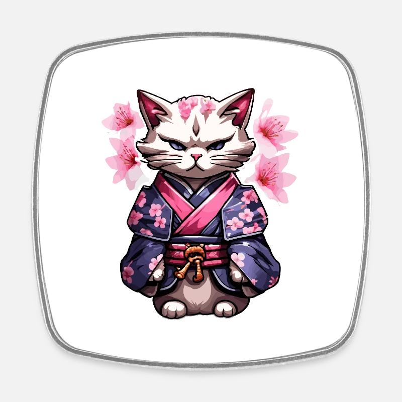 Chat samouraï & fleurs de cerisier #5 - Magnet carré - blanc