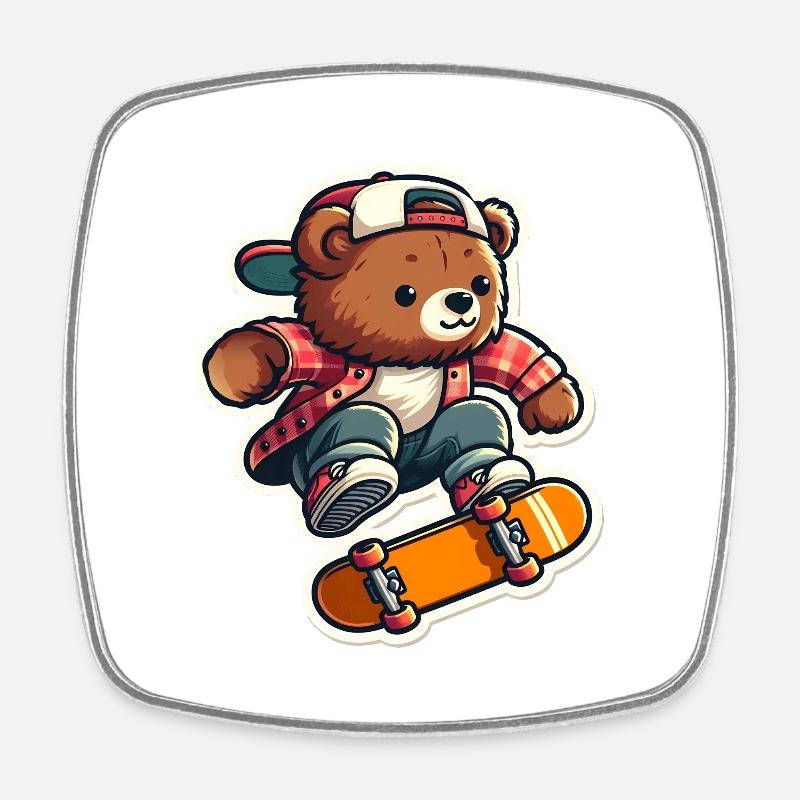 Bear Riding Skateboard - Square fridge magnet - white