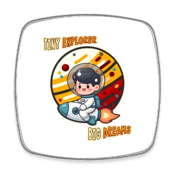 Tiny Cute Explorer, Astronaut Kid on a Rocket Tees - Square fridge magnet - white - Front
