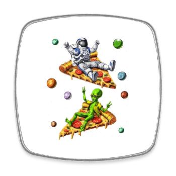 Astronaut And Alien Riding Pizza - Square fridge magnet - white - Front