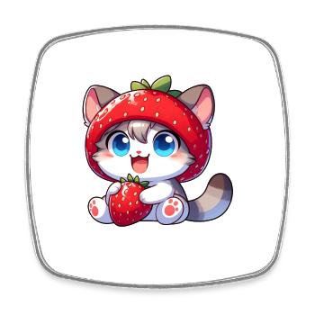 Chapeau de fruits de fraise de chat mignon fantaisiste - Magnet carré - blanc - Devant