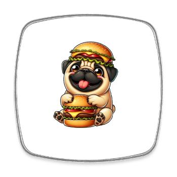 Skurriler Mops mit Hut Cheeseburger Fast Food - Viereckiger Kühlschrankmagnet - Weiß - Vorne