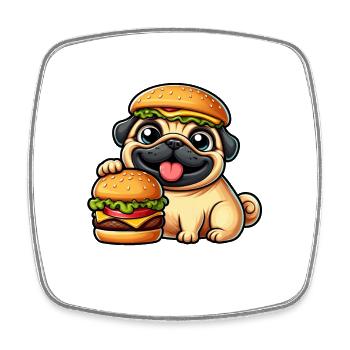 Whimsical Pug with Hat Cheeseburger Fast Food Dog - Square fridge magnet - white - Front