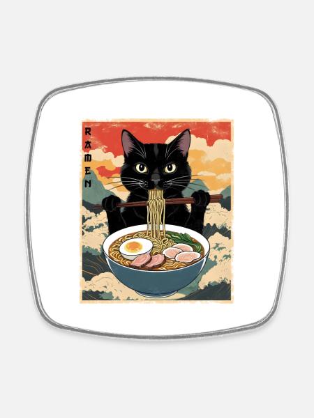 Vintage Katze Ramen - Viereckiger Kühlschrankmagnet - Weiß