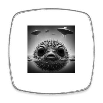 Puffer2 Fish Selfie graphique drôle avec des OVNI étranges - Magnet carré - blanc - Devant