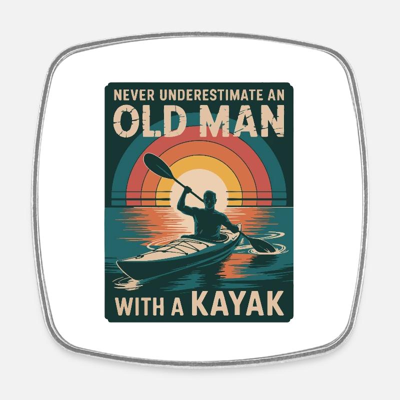 Never Underestimate an Old Man with a Kayak - Square fridge magnet - white