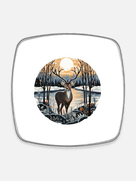Winterlandschaft mit Hirsch - Viereckiger Kühlschrankmagnet - Weiß