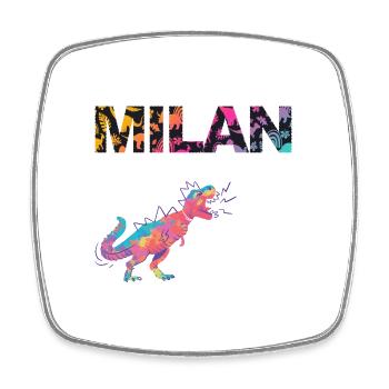 MILAN - Beau prénom de garçon avec dinosaure - Magnet carré - blanc - Devant