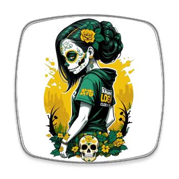 Sugar Skull Girl with Green Hair & Flowered Skull - Square fridge magnet - white - Front