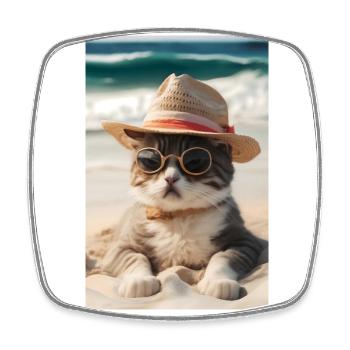 Chat cool sur la plage avec lunettes de soleil et chapeau - Magnet carré - blanc - Devant