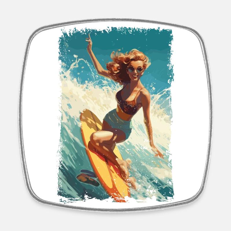 Retro Beach Babe - Surf Comic Design - Magnet carré - blanc