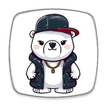 Gangster polar bear with gold chain and baseball cap - Square fridge magnet - white - Front