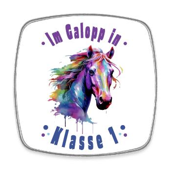Einschulung - Im Galopp in Klasse 1 - Pferd Pferde - Viereckiger Kühlschrankmagnet - Weiß - Vorne