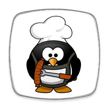 Cuisson du pingouin avec des saucisses grillées - Magnet carré - blanc - Devant