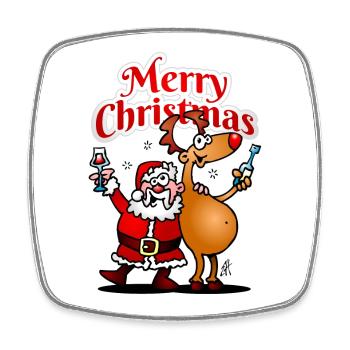 Merry Christmas - Santa Claus and his reindeer - Square fridge magnet - white - Front