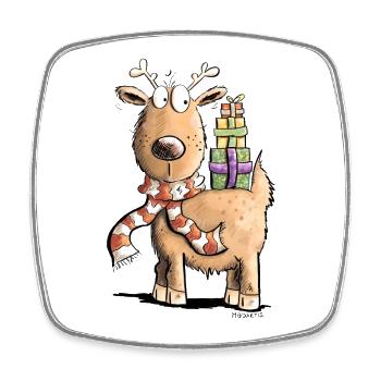 Renne de Noël drôle avec des cadeaux - Magnet carré - blanc - Devant