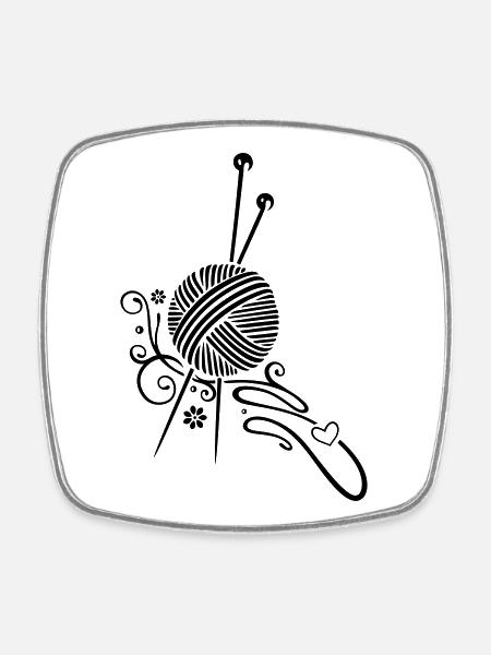 Aiguilles à tricoter à la laine et aux fleurs. - Magnet carré - blanc