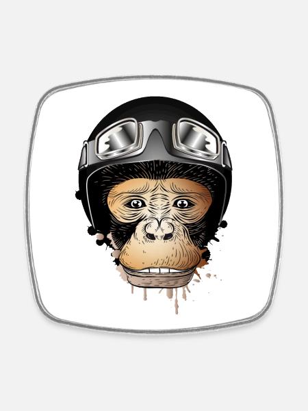 Singe avec casque de moto rétro et lunettes de moto - Magnet carré - blanc