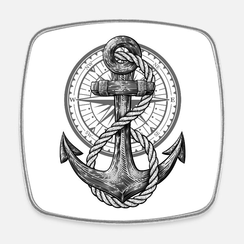 Ancre avec boussole, design maritime pour skipper - Magnet carré - blanc