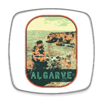 Retro-Abzeichen, Algarve Portugal, Strand Sommersonne - Viereckiger Kühlschrankmagnet - Weiß - Vorne