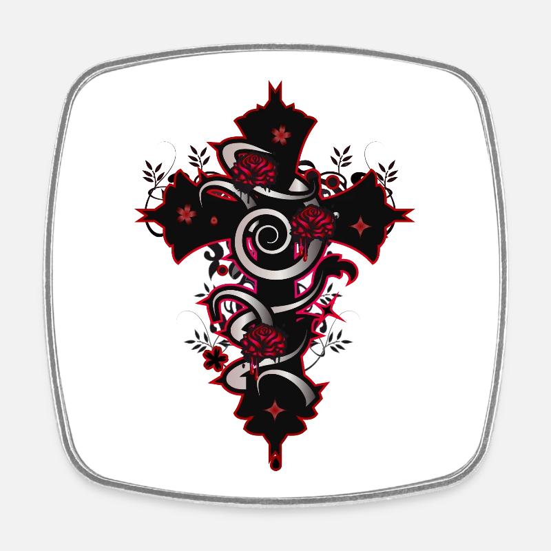 rot schwarzes Gothic Kreuz mit floralen Elementen - Viereckiger Kühlschrankmagnet - Weiß