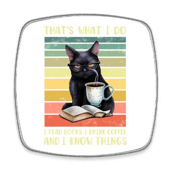 Black cat with coffee and book - Square fridge magnet - white - Front