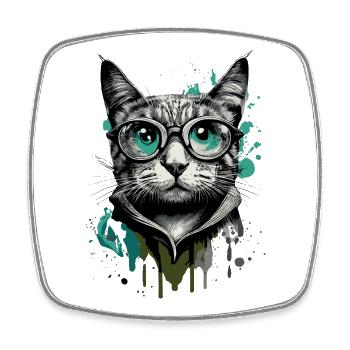 Chat à lunettes - Nerd Cat - Visage de chat - Magnet carré - blanc - Devant