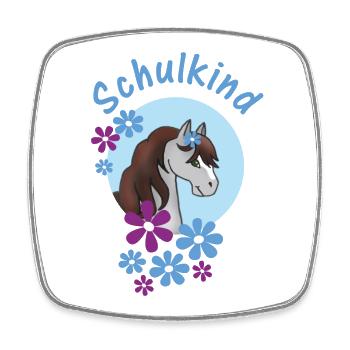 Schulkind - Pony Blumen blau - personalisierbar - Viereckiger Kühlschrankmagnet - Weiß - Vorne