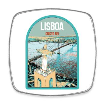 Christ the King Lisbon: View of the 25th of April Bridge over the Tagus River - Square fridge magnet - white - Front