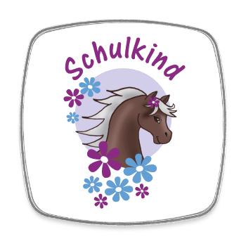 Schoolchild - Pony with Flowers - Purple Blue - Square fridge magnet - white - Front
