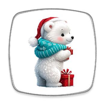 Cute little bear with Christmas hat and gift. - Square fridge magnet - white - Front