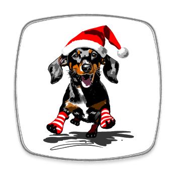 Teckel avec bonnet de Père Noël et chaussettes rayées - Magnet carré - blanc - Devant