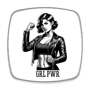 Strong Woman GRL PWR Rockabilly Leather Jacket Gift - Square fridge magnet - white - Front