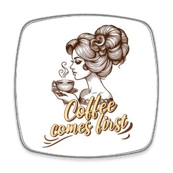 Coffee Comes First – Retro Frau Clipart - Viereckiger Kühlschrankmagnet - Weiß - Vorne
