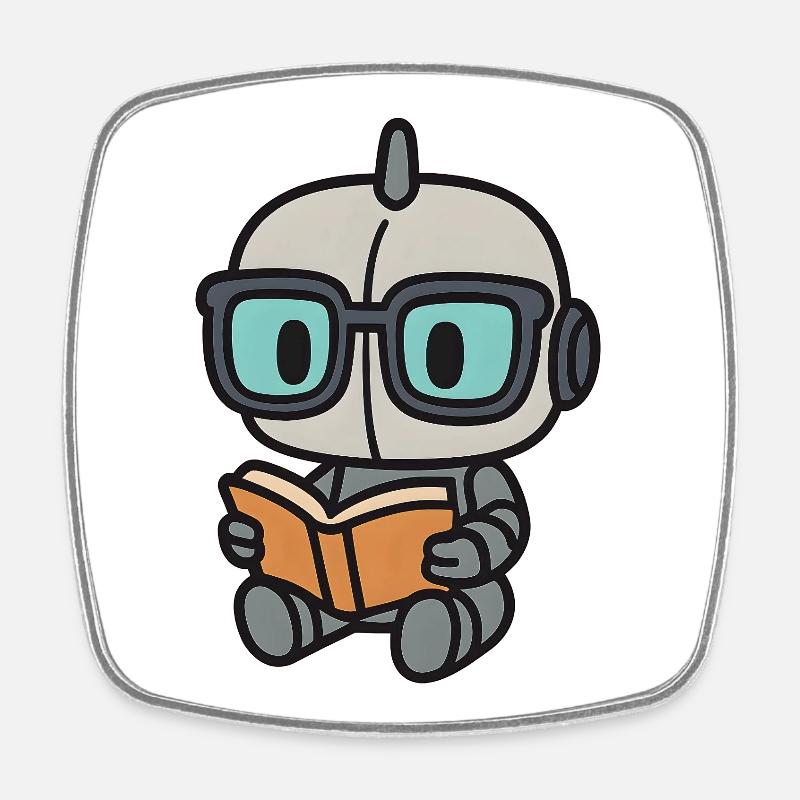 Geek robot with glasses and book - Square fridge magnet - white