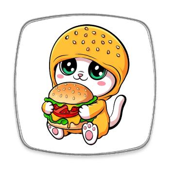 Süße Katze Cartoon Kapuze mit Hamburger Fast Food - Viereckiger Kühlschrankmagnet - Weiß - Vorne
