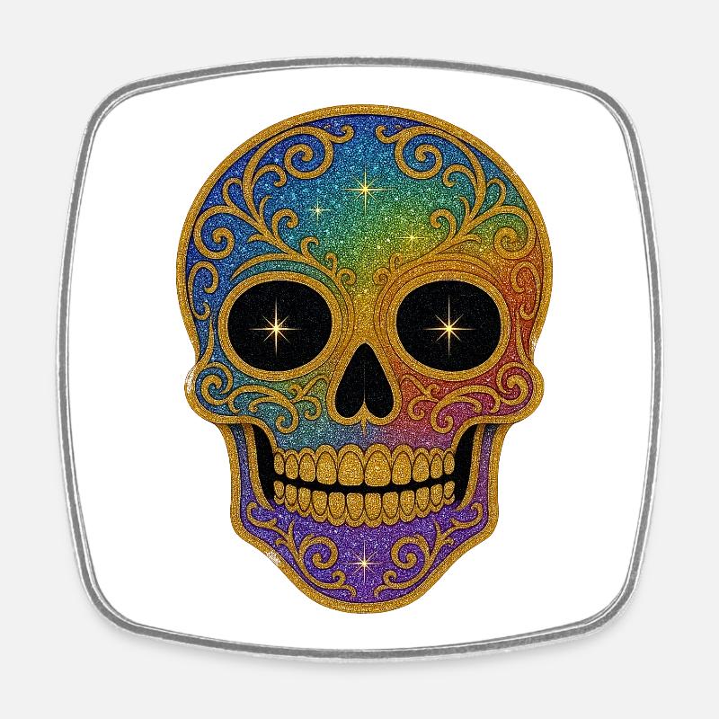 Regenbogen Glitzer Sugar Skull - Viereckiger Kühlschrankmagnet - Weiß