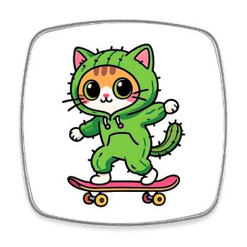 Cat skate cactus green hoodie kawaii - Square fridge magnet - white - Front