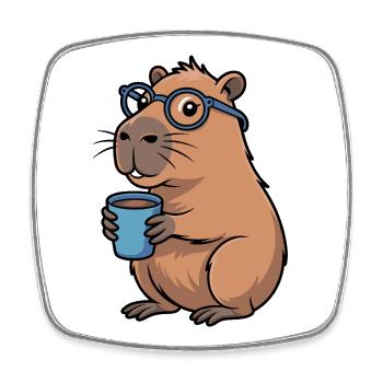 Coffee drinking capybara with glasses - Square fridge magnet - white - Front