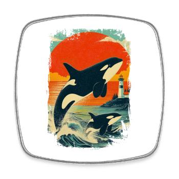 Orca Wal Familie Leuchtturm Vintage Sonnenuntergan - Viereckiger Kühlschrankmagnet - Weiß - Vorne