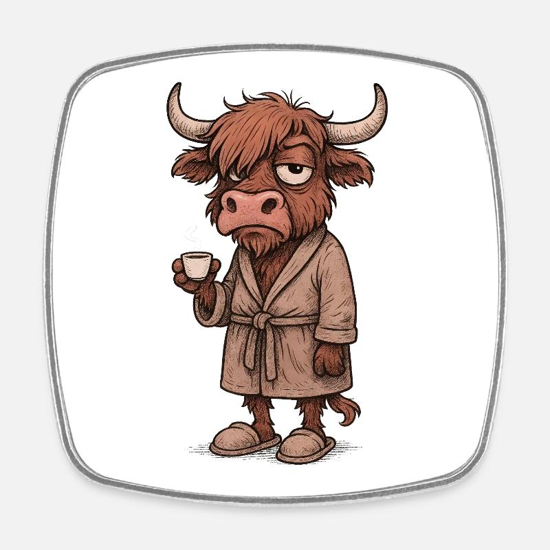 Vache des Highlands Grumpy avec café – Râle du matin - Magnet carré - blanc
