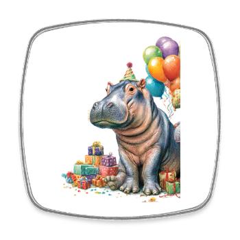 Hippo Birthday Party with Balloons - Square fridge magnet - white - Front
