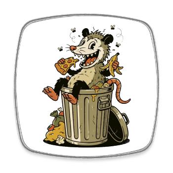 Vintage Opossum Pizza Party - Garbage Can Cartoon - Square fridge magnet - white - Front