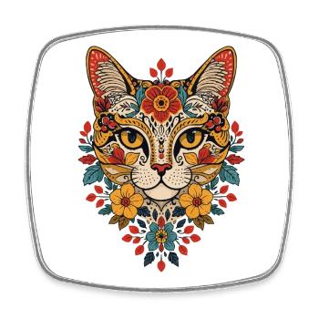 Tête de chat fleurie - Magnet carré - blanc - Devant