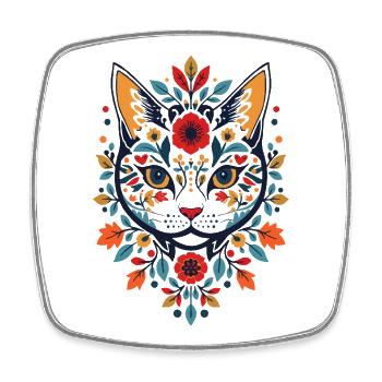 Chat fleur dans le style folklorice - Magnet carré - blanc - Devant