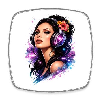 Music lover with headphones in neon art style - Square fridge magnet - white - Front