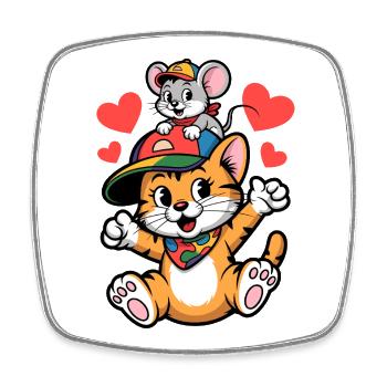 Cute cat and mouse as best friends - Square fridge magnet - white - Front