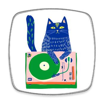 Blue Cat DJ auf Whimsical Plattenspieler - Viereckiger Kühlschrankmagnet - Weiß - Vorne